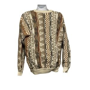 Vintage Capsule Knitters 3D Knit Sweater Mens XL Brown Tan Geometric Cotton 90s